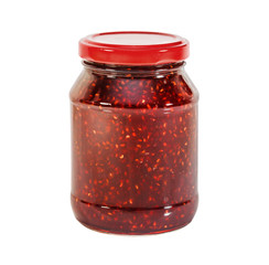 Raspberry jam in a glass jar, isolated on white