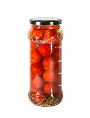 Cherry tomatoes in a glass jar, isolated on white