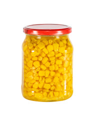 Marinated bright yellow grains of corn in a glass jar, isolated on white..