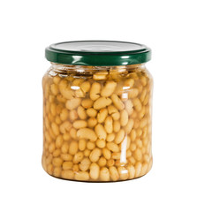 Marinated haricot in a glass jar, isolated on white