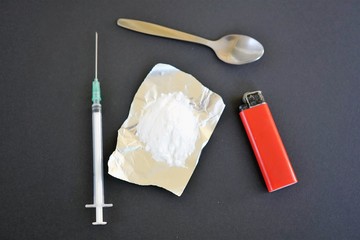 Drug, syringe, spoon, lighter and cooked heroin