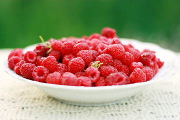 white plate with raspberry