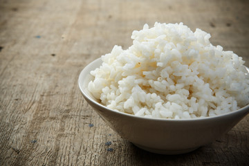 Steamed rice close-up on wooden table