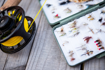 Fly fishing equipment on bench