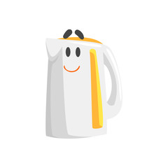 Funny electric kettle character with smiling face, humanized home electrical equipment vector Illustration