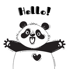 Illustration with joyful panda who shouts - Hello. For design of funny avatars, welcome posters and cards. Cute animal. - 166214783