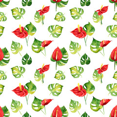 Seamless pattern with watercolor tropical flowers and leaves. Illustration can be used for gift wrapping, background of web pages, as a print for any printing products.