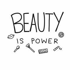 Beauty is power word and cosmetic icon vector doodle style illustration