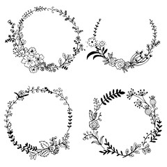 Hand drawn vector set of floral wreaths