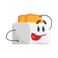 Funny toaster character with smiling face, humanized home electrical equipment vector Illustration
