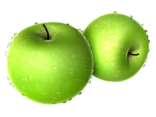 Two Yellow Green Apple covered with Raindrops. Foods and Dishes Series.