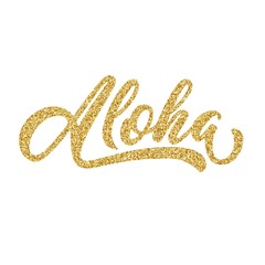 Aloha hand lettering, custom drawn letters, Hawaiian language greeting typography, with golden glitter effect, vector illustration.