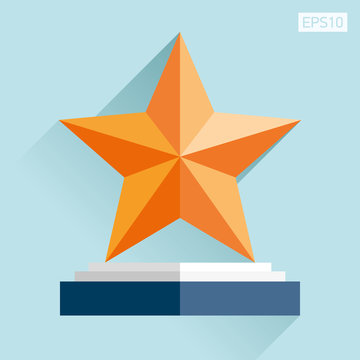 Prize-winning star icon in flat style. Reward on the podiumon. Blue background. Business object. Vector design element for you project