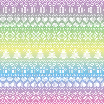 Scandinavian,  Nordic style winter stitching Christmas seamless pattern  including snowflakes, hearts, present, snow, star, Christmas tree and  decorative ornaments on unicorn colors background
