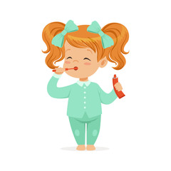 Beautiful cartoon redhead girl in a light blue pajamas brushing her teeth, kids dental care vector Illustration