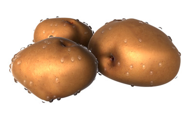 Three Brown potato covered with waterdrops. Foods and Dishes Series.
