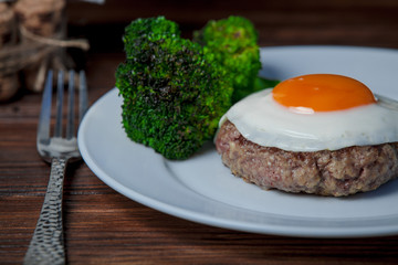 Steak with egg in the restaurant