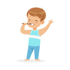 Adorable cartoon boy brushing his teeth, kids dental care vector Illustration
