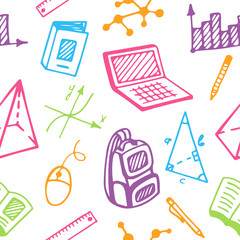 Seamless pattern of accessories for school, university and college. Back to school, vector illustration. Repeating background of educational supplies in doodle style.