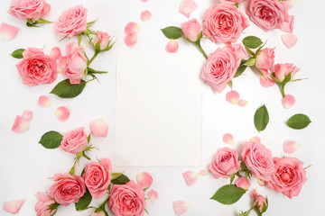 Framework from roses on white background. Flat lay, top view