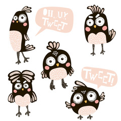 Cute vector birds cartoon characters isolated on white. Creative birds with speech bubbles