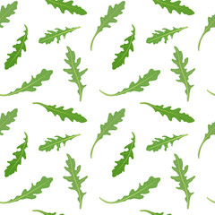 Seamless pattern with fresh green leaves of rucola (arugula, rocket salad). Vector seamless pattern, hand drawn illustration. Rocket salad  background. - 166221527