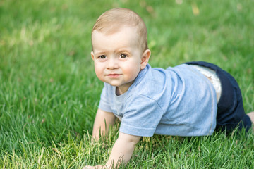 Crawling cute baby boy on green grass outdoor at summer