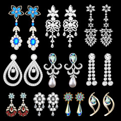 Illustration set of jewelry earrings with precious stones