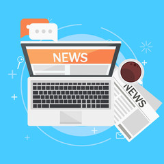 Banner online news. Computer, coffee, newspaper