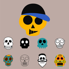 Different style skulls faces vector illustration halloween horror style tattoo anatomy art.