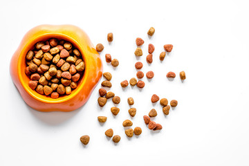 dry pet food in bowl on white background top view