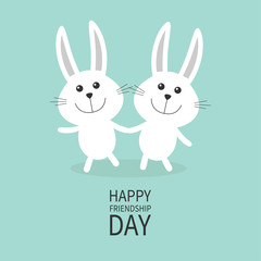 Obraz na płótnie Canvas Happy Friendship Day. Two white bunny rabbit couple set Holding hands Cute cartoon smiling character. Happy emotion. Friends forever. Baby greeting card. Green background. Flat design