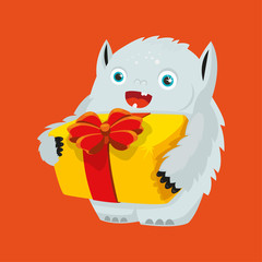 Cute illustrated monster. Christmas gift. Christmas package. Merry Christmas.