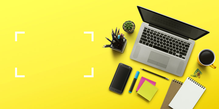 Office Workplace With Laptop, Notebook, Office Supplies And Stationery On Yellow Background. Solution, Business Planning, Creative, Design, Learning, Start Up Or Working Flat Lay Top View Concept.