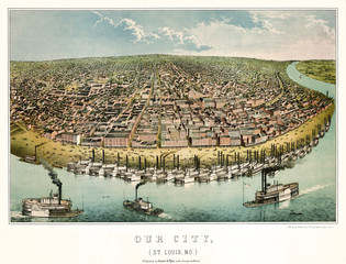 Saint-Louis, Missouri, Old aerial view. Created by Janicke & Co., publ. Hagen & Pfau on Anzeiger des Westen, Saint Louis, 1859