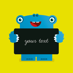 Cheerful blue illustrated monster. Cheerful illustration. Picture for children. Super hero. Places for text.