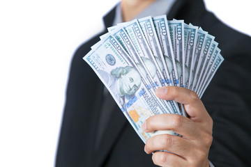 Business Man Showing Cash on hand with white background.