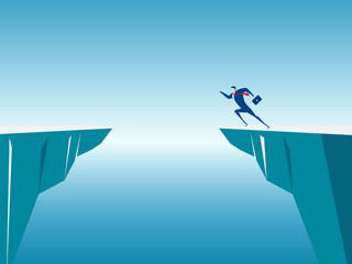 Businessman jump through the gap obstacles between hill to success. Running and jump over cliffs. Business risk and success concept.