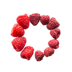 Freeze dried and fresh raspberry on a white background in the circle - 166228725