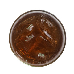 Top view a glass of  ice black tea with ice cubes isolated on white background. Homemade refreshment cold summer drink.