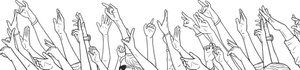 Illustration of crowd cheering with raised hands at music festival