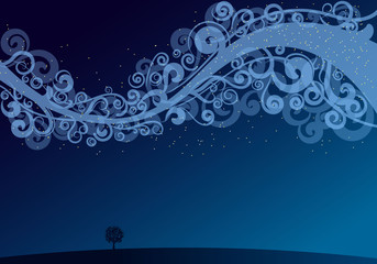swirly milky way. abstract blue background. simple landscape, flat design.