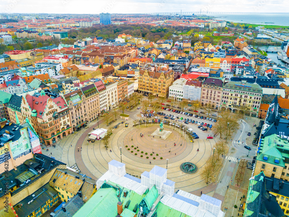 Wall mural Aerial Malmo city view from above with harbour, turning Torso and the bridge on the horizon