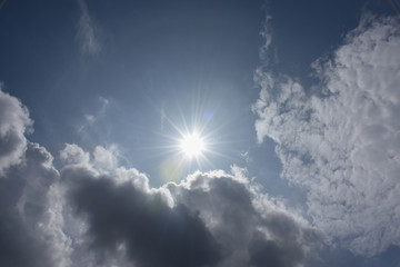 輝く太陽と青空と雲「空想・雲のモンスター（熱でとけ始めたモンスター（右側の顔のイメージ）など）」熱い、融ける、溶ける、猛暑、暑い、熱中症、紫外線、未来、可能性などのイメージ