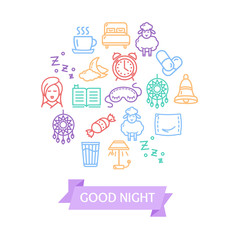 Sleeping and Insomnia Color Round Design Template Line Icon Concept. Vector