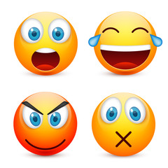 Smiley with blue eyes,emoticon set. Yellow face with emotions. Facial expression. 3d realistic emoji. Sad,happy,angry faces.Funny cartoon character.Mood.Vector illustration.