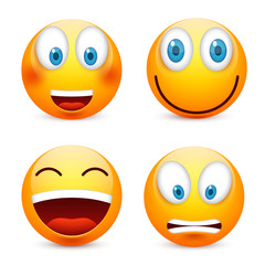 Smiley with blue eyes,emoticon set. Yellow face with emotions. Facial expression. 3d realistic emoji. Sad,happy,angry faces.Funny cartoon character.Mood.Vector illustration.