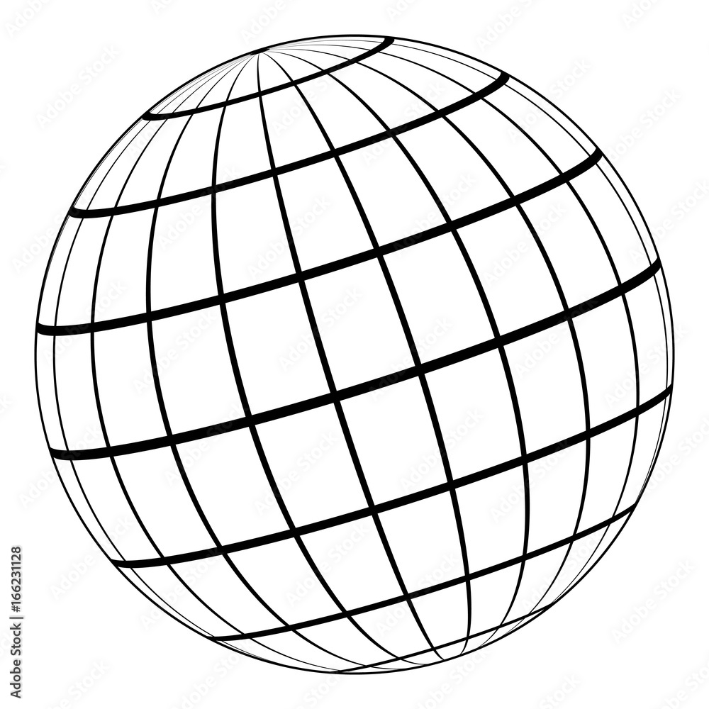 Poster Globe 3D model of the Earth or planet, model of the celestial sphere with coordinate grid, vector field with stripes and lines of Meridian and parallel