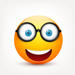 Smiley with blue eyes,emoticon. Yellow face with emotions. Facial expression. 3d realistic emoji. Sad,happy,angry faces.Funny cartoon character.Mood.Vector illustration.