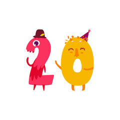 Vector cute animallike character number twenty 20. Flat cartoon illustration on a white background. Happy birthday, new year decorative numbers. Funny smiling colored math, education symbols